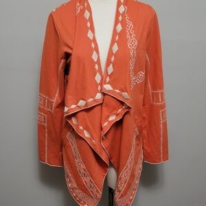 Monoreno Orange Cardigan Sweater with Southwestern Motif